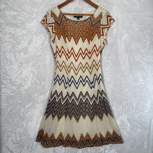 Sharagano Chevron Crochet Stitch Dress 6 Cap Sleeves Retro Boho 70's Earthy - Picture 1 of 11